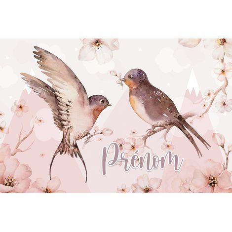 Papier peint panoramique enfant avec prénom personnalisable - Oiseaux - 130 cm x 87 cm (1/2)