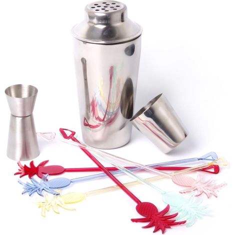 Set de Cocktail en Acier Inoxydable, Shaker 750ml avec Jigger Double et 6 agitateurs Couleurs, Décoratifs Forme Ananas en Plastique. (1/5)