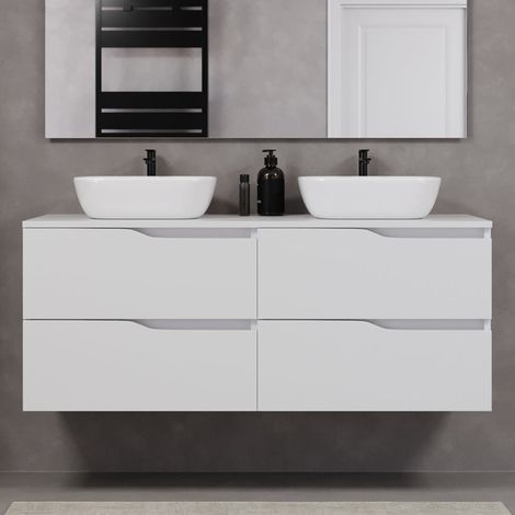Meuble de salle de bain 140cm avec plateau et deux vasques à poser zeus - 4 tiroirs - sans miroir - blanc - LUNA (1/5)