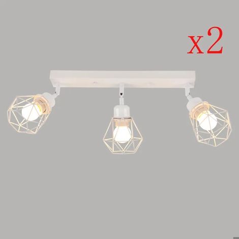 2pcs Plafonnier Spots, 3 Spots de Plafond Intérieur Industriel Abat-jour en Métal Cage avec Base Rectangulaire 40cm,Blanc (1/5)