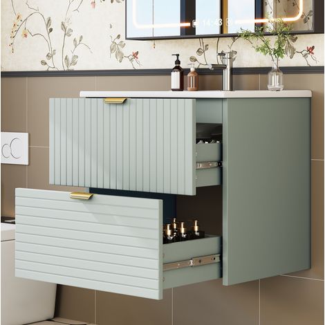 Meuble vasque suspendu moderne 61 x 46 x 57 cm en MDF laqué vert menthe avec vasque intégrée et 2 tiroirs (1/5)
