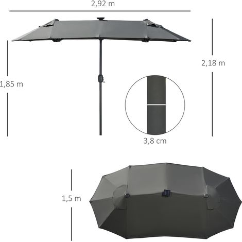 Parasol double, 295 x 219 cm, avec éclairage LED intégré, ovale, résistant au vent, pour terrasse ou piscine. Structure en polyester et acier, gris foncé. (1/5)