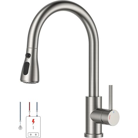 Robinet Cuisine, Mitigeur Cuisine, Pivotant à 360° d'Évier à Arc Élevé Pulvérisateur Escamotable 2 Modes, Acier Inoxydable (1/5)