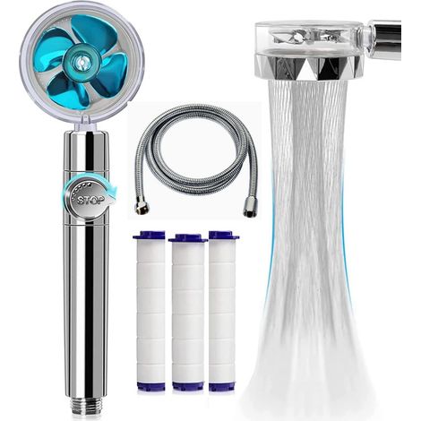 Ducha de alta presión, giratoria 360°, de bajo consumo de agua con filtro, cabezal de ducha turbo spa con ventilador e interruptor (azul). (1/5)