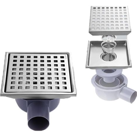 Caniveau de douche en acier inoxydable avec siphon 360°, 15x15cm, système anti-odeurs et anti-obstruction. (1/4)