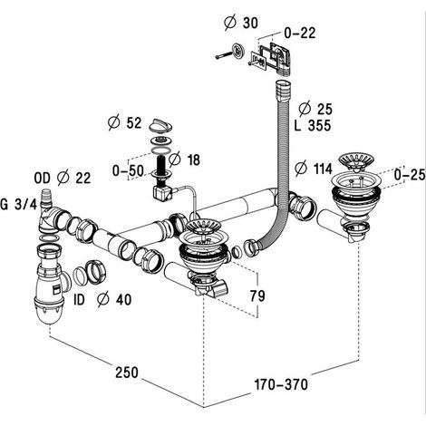 Cuisissimo – Vidage complet lavabo 2 bacs pour évier SystemCeram CLEYA – Bonde évier Ø 90 mm – Siphon gain de place