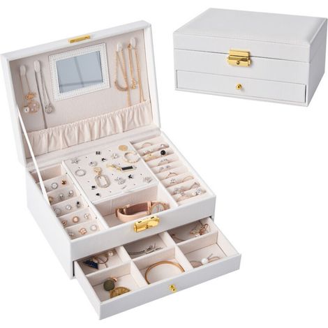 Girls' Jewelry Box, Travel Jewelry Storage, Rectangular Small Jewelry Box for Rings, Earrings, Necklaces, Multicolored (White) (1/5)