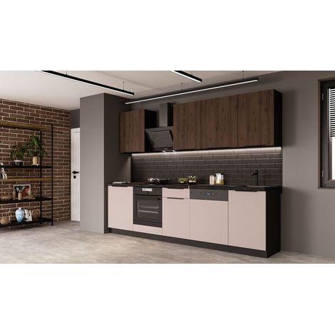 Küche ARONA + MONZA BASIC 280 cm Küchenzeile Küchenblock Einbauküche Kaschmir beige matt + Nußbaum + Schwarz matt (1/5)