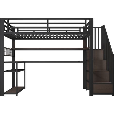 Hochbett 90x200 aus Metall mit LED, Schreibtisch, Schrank und Stauraum, schwarz (1/5)