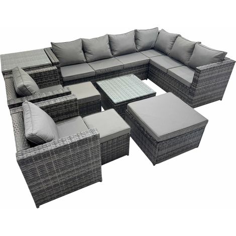 Fimous Outdoor PE Rattan Garden Furniture Sofa Set with Square Coffee Table 3 Stools Side Table 2 Chair Dark Grey (1/5)