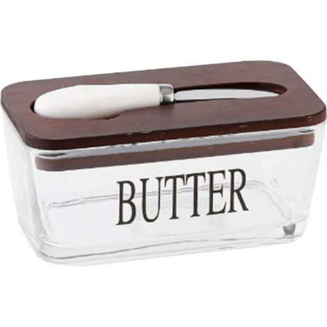 Beurrier hermétique avec couvercle et coupe, plateau de support en verre de 500ml pour réfrigérateur de comptoir, couleur bois foncé. (1/5)