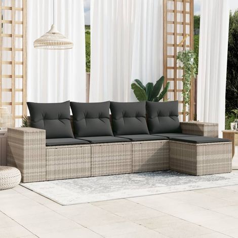 Ensemble de Jardin 5 Pièces en Résine Tressée Gris Clair avec Coussins et Fonction de Rangement - Mobilier d'Extérieur Modulaire pour Salon de Jardin (1/3)