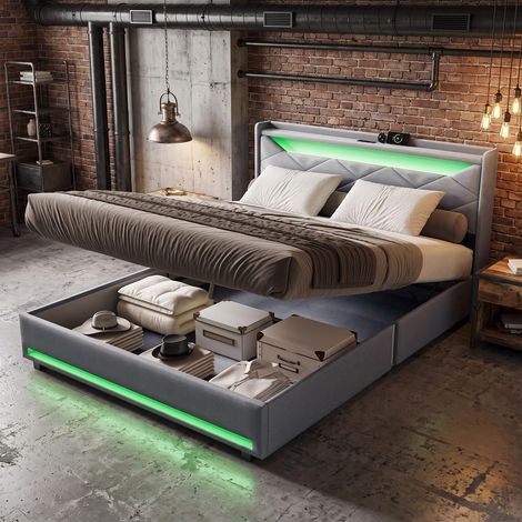 Lit coffre 140x190 avec LED, USB fonction de charge C, sommier à lattes en bois, cadre en métal, lit capitonné en lin - Gris clair (1/5)