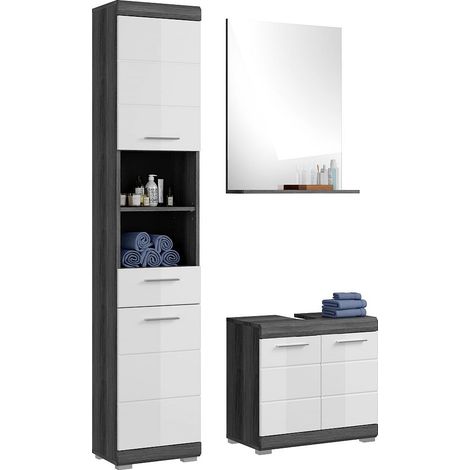 Badezimmermöbel Set 3-teilig modern in Hochglanz weiß mit grau SIROCO-158 (1/5)
