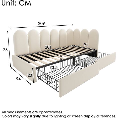 Lit capitonné, lit simple avec tiroirs, lit coffre, méridienne en velours, canapé-lit 90x200cm avec sommier à lattes, lit enfant et adulte, beige (sans matelas) (1/4)