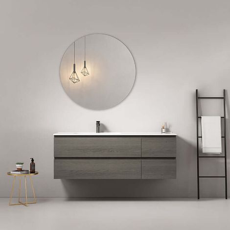 Mobile bagno sospeso 140 cm Grey Lavabo a Sinistra in Resina Specchio Tondo - Fiji Wood