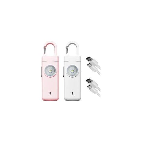2pcs Alarme Personnelle 130dB Alarme de Poche avec Lumière Flash LED Avertisseur Alarme de Sécurité Rechargeable Anti Agression Porte-Clés pour Femme Enfants Personnes Agées - Blanc+Rose