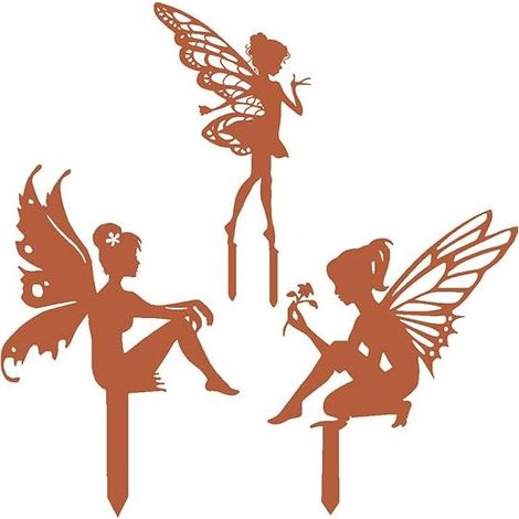Tigrezy Ensemble de 3 Statuettes de Fées en métal rouillé pour le jardin, décorations décoratives avec Elfe Assis sur bâton et Piquet Jardin, parfait pour embellir vos espaces extérieurs