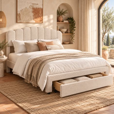 Lit double coffre 160x200, Lit avec Sommier avec 1 tiroir, Lit rembourré 2 Personnes avec USB et Type c, Tête de élastique Réglable en Hauteur, beige, velours, sans matelas (1/5)