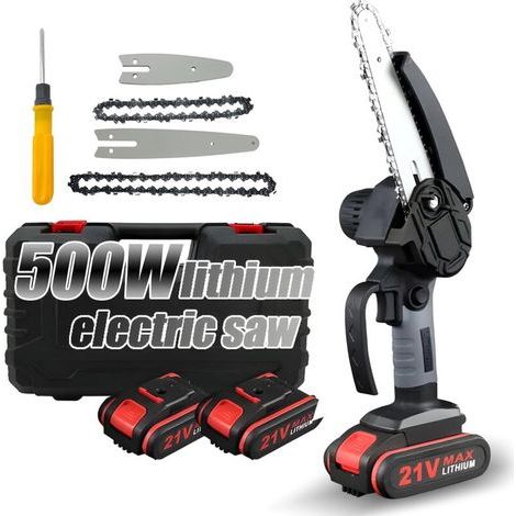 Mini tronçonneuse (10cm/15cm), tronçonneuse portable avec verrouillage de sécurité, 2 chaînes, batterie 21V, tronçonneuse électrique sans fil pour couper les branches et le bois. (1/5)