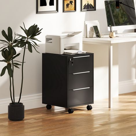 Caisson de bureau à roulettes avec 3 tiroirs et serrure, meuble rangement bureau sur roulettes, noir, 40 x 40 x 63,5 centimètres