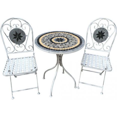Set Tavolino + 2 Sedie con Mosaico in Metallo Bianco Antico (1/5)