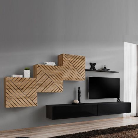 Ensemble Meuble TV "Switch Lamel X" 330cm Noir & Naturel (1/5)