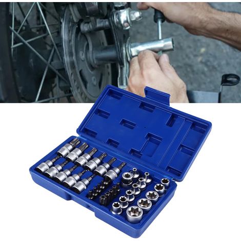 34-teiliges Set aus Torx-Bohrern und Außenstecknüssen, darunter sternförmige Bohrer und 13 Innenstecknüsse in den Größen 3/8 und 5/16 Zoll, mit Mini-Aufbewahrungsbox. (1/5)
