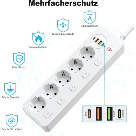 Multiprise 5 Prises Commutables Individuellement, Multiprise Avec 2 Usb A Et 2 Usb C, 5 Prises Avec Interrupteur, Montage Mural Avec CâBle D'Extension De 2 M, Pd 20 W, Blanc