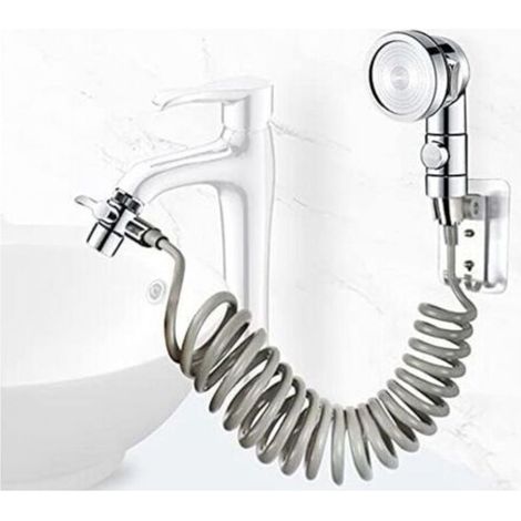 Ensemble Pommeau Douche pour Lavabo, Douchette de Salle de Bain, Tuyau Télescopique, Parfait pour Laver les Cheveux ou Nettoyer le Lavabo (Robinet pas Inclu) (Argent) (1/4)