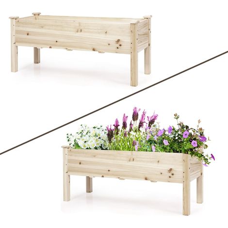 GOPLUS Jardiniere sur Pieds en Bois, Bac a Fleurs Rectangulaire avec 5 Trous de Drainage pour Legumes, Herbes, Fleurs,Convient a Jardin,Cour,Terrase,120 x 43,5 x 51CM,Naturel (1/5)