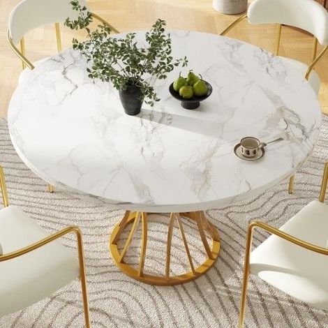 Table à manger ronde 80 x 80 x 76 cm, plateau effet marbre en MDF, pieds métal doré, table de cuisine élégante (1/5)