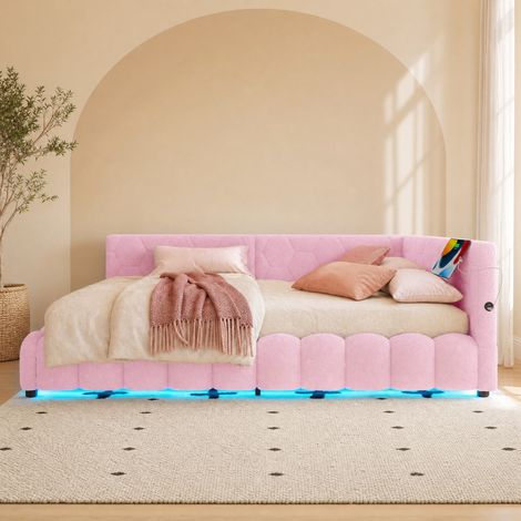Letto contenitore matrimoniale 140x200 cm, con sollevamento idraulico, LED e USB, rosa, senza materasso (1/5)