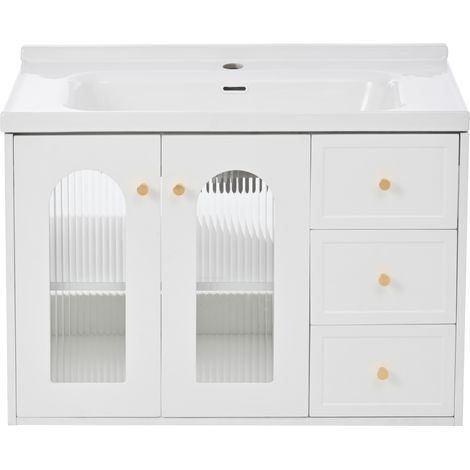 Meuble vasque suspendu 80 cm avec lavabo céramique MDF blanc (1/5)