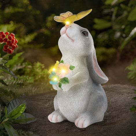 Sculpture de jardin extérieure à énergie solaire avec décorations florales en forme de lapin, interrupteur automatique et lumières solaires en forme de lapin pour la décoration de balcon, parfaite pou (1/4)