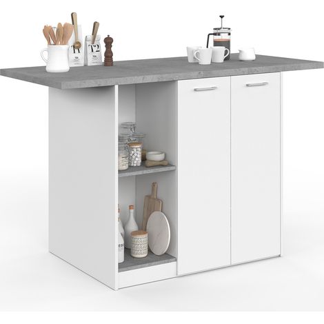 Zentralinsel BAO 140 cm 4 Personen weißes Holz mit Arbeitsfläche in Betonoptik