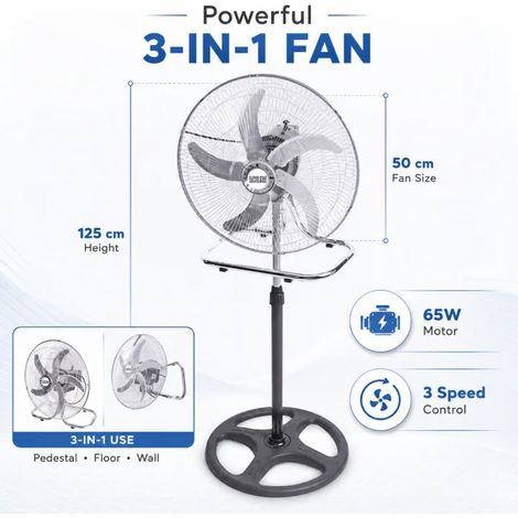 Ventilateur industriel 3 en 1 – 65W, 3 vitesses réglables – 125x50 cm – Multifonction : sur pied, de table ou mural – Puissant, idéal pour maison, garage et entrepôt (1/5)