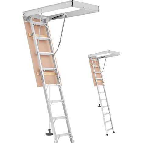 Mophorn Klappbare Bodentreppe aus Aluminium und Holz, belastbar bis 170 kg, hydraulische Dachbodentreppe mit Zugseil für Deckenhöhen von 300-313 cm, Metallleiter mit 137 x 57 cm Öffnung, silberfarben (1/5)