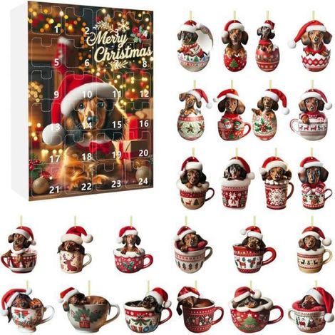 Calendrier De L Avent Teckel - Acrylique 2D - 24 Pièces Avec Chapeaux Pere Noel - Décoration Maison Noël - 1 Unité (1/4)