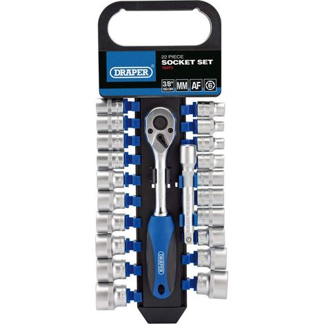 Draper DD22AM/PR quadrangolare, presa per mm/AF e cricchetto, blu, 3/20,3 cm, set di 22 pezzi