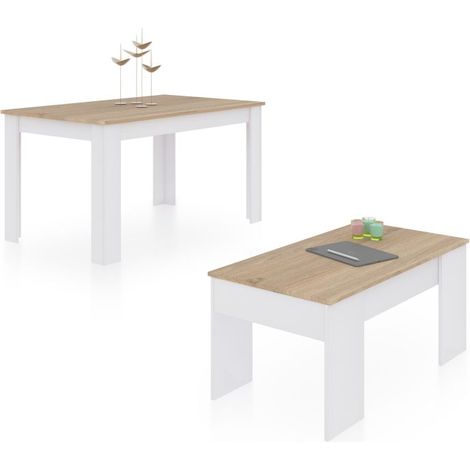 Pack mesa de comedor 140 y mesa de centro Vita Blanco Artik (Blanco Mate) - Roble Canadian 90cm (ancho) x 78cm (alto) (1/5)