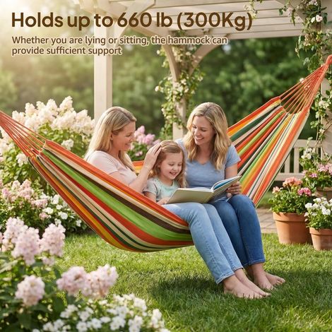 Hammock de Camping Suspendu 2 Personnes Toile Coton Respirante avec Sangles d'Arbre et Mousquetons pour Jardin Terrasse Camping Voyage Capacité 300kg