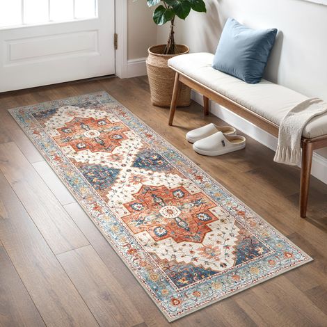 Tapis Couloir Vintage 60x180cm Lavable en Machine AntidéRapant Poil Ras, pour Chambre Salle a Manger Descente de Lit Bureau, Cuisine, Orange (1/5)