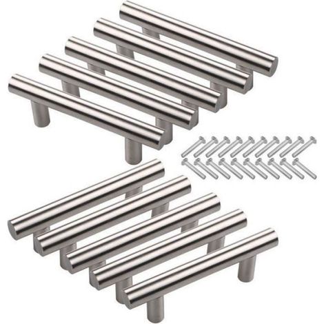 10Pcs Entraxe 64mm Poignée de Porte d'Armoire avec Vis en Acier Inoxydable T Creux Brossé en Forme Meubles de Cuisine Placard Tiroir (1/4)