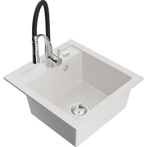 Mexen Vito fregadero de granito de 1 cubeta con grifo de cocina Aster, blanco - 6503-20-73450-07 (1/5)