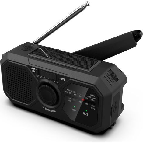 Radio portable manivelle solaire AM/FM – 1200Ah rechargeable – Lampe de poche LED – Alarme SOS – Idéale pour urgences extérieures