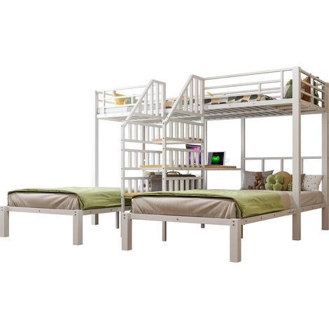Lit superposé, 90 x 200 cm, 3 couchages, avec bande lumineuse LED, échelle intégrée avec rangement, avec 2 ports USB + 1 prise, avec bureau, avec étagère, sans matelas, blanc (1/5)