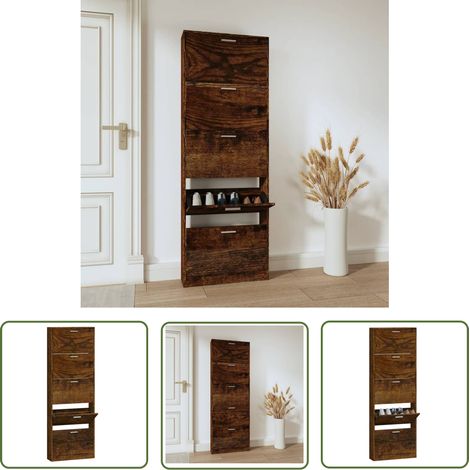 The Living Store Schuhschrank Räuchereiche 59x17x169 cm Holzwerkstoff - Schuhschrank - Schrank - Regal - Garderobe - Holzwerkstoffmöbel (1/5)