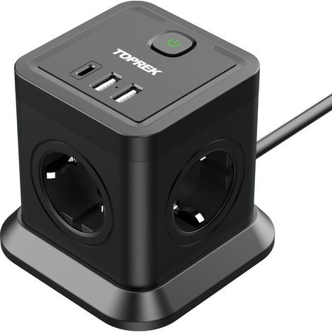 TOPEREK Steckdosenleiste, 4 Steckdosen, 1 USB-C-Anschluss, 20 W, 2 USB-Anschlüsse, 2 m Kabel, Schwarz (1/4)