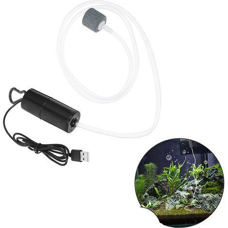 Pompe à oxygène pour aquarium - Aérateur silencieux - USB portable - Avec pierre à air et tuyau en silicone - Oxygène pour aquarium d'eau douce et d'eau salée 1 W - Noir (1/5)